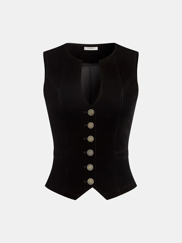 Button-Front Velvet Fitted Vest sold by COMMENSE