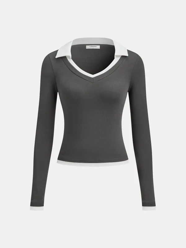 Contrast Collar Fitted Long-Sleeve Top sold by COMMENSE