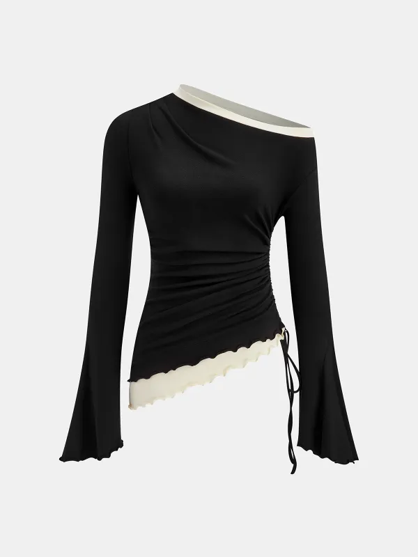 Contrast Ruffle Asymmetric Ruched Top sold by COMMENSE