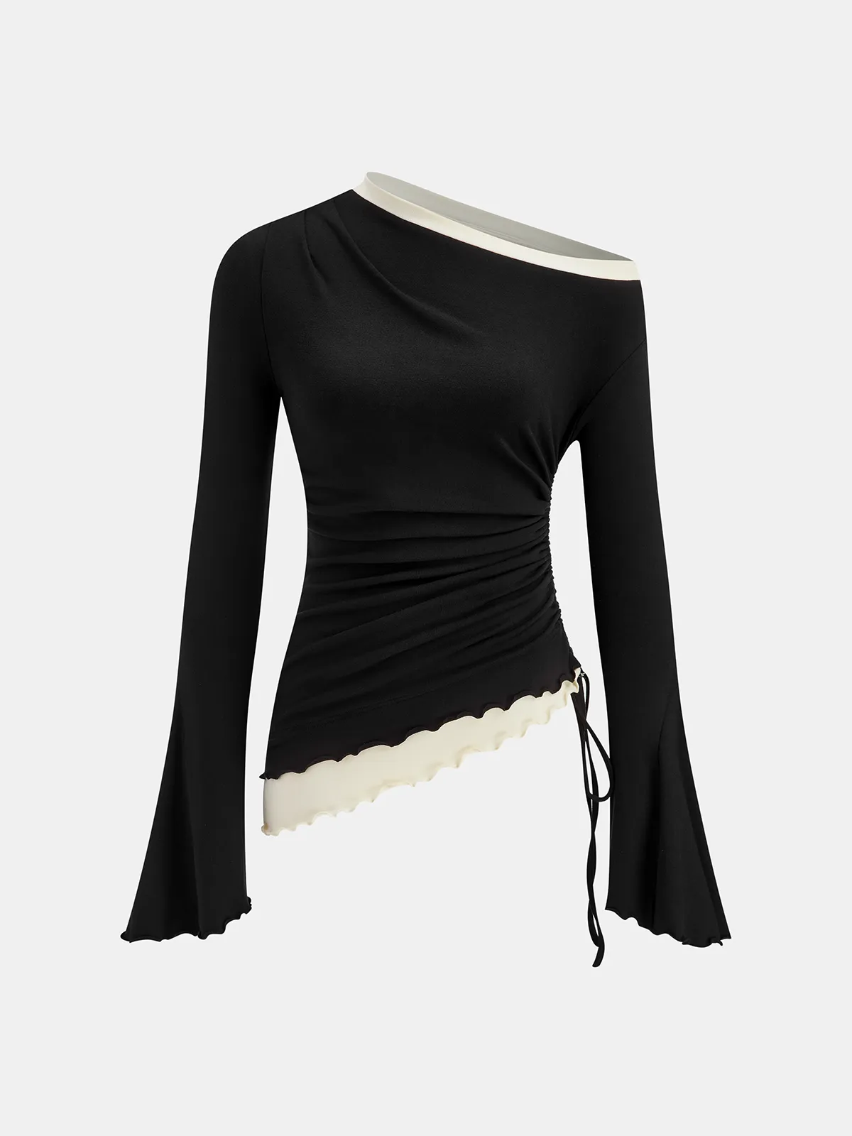 Contrast Ruffle Asymmetric Ruched Top sold by COMMENSE