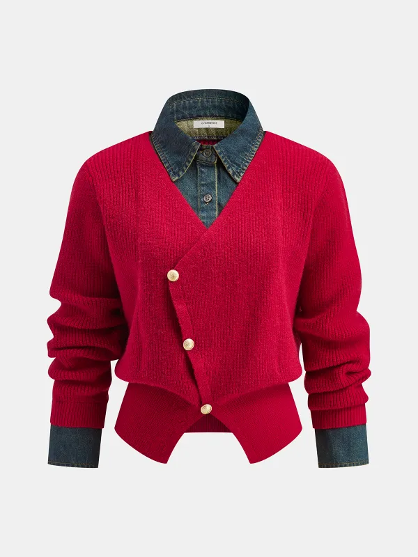 2 in 1 Denim Panel Asymmetric Sweater sold by COMMENSE