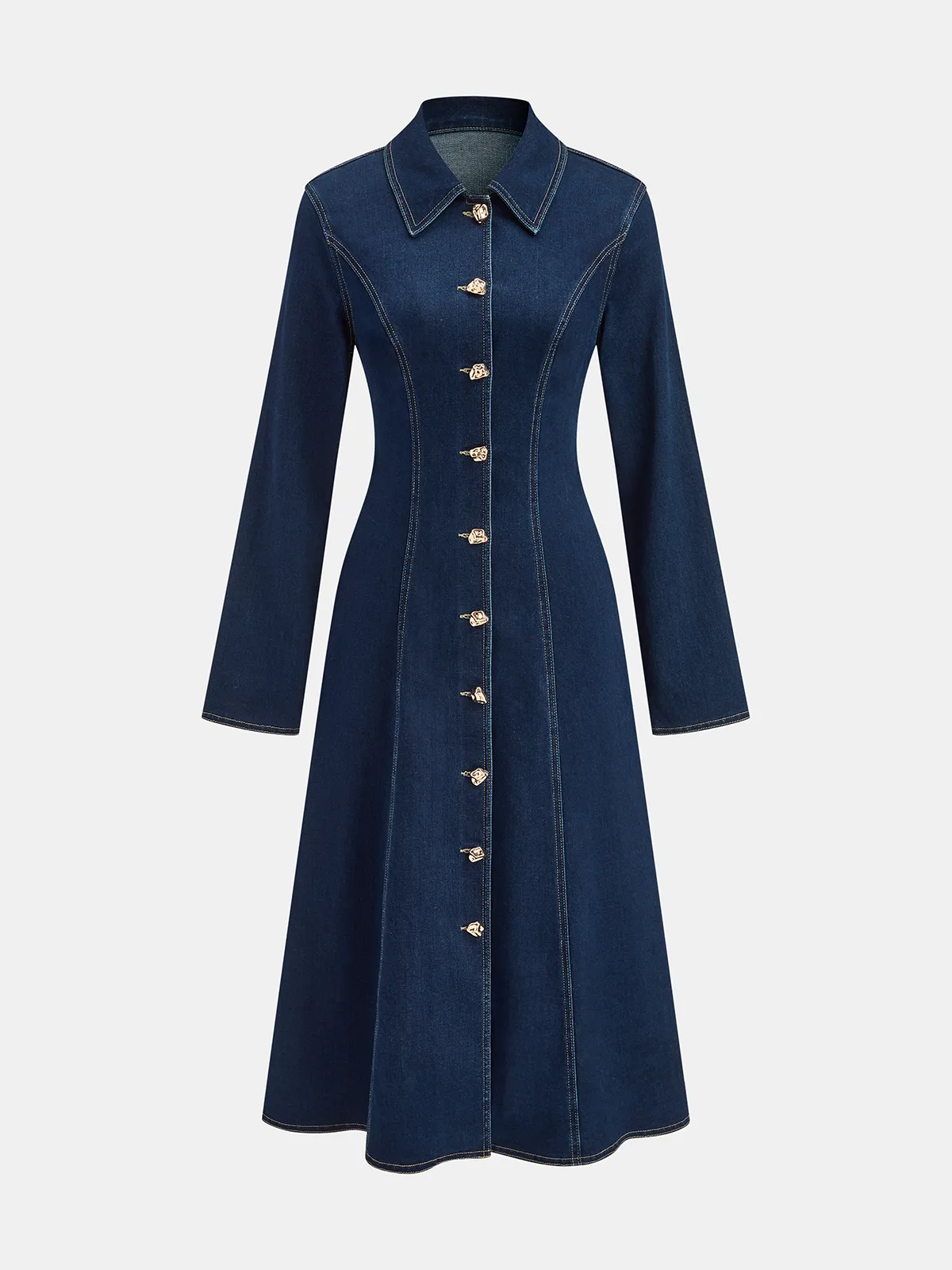 Metal Button Collared Denim Flare Dress sold by COMMENSE
