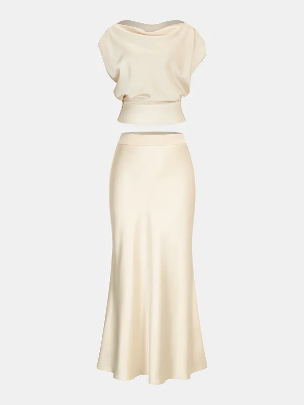 Satin Cowl Neck Top and Skirt Set sold by COMMENSE