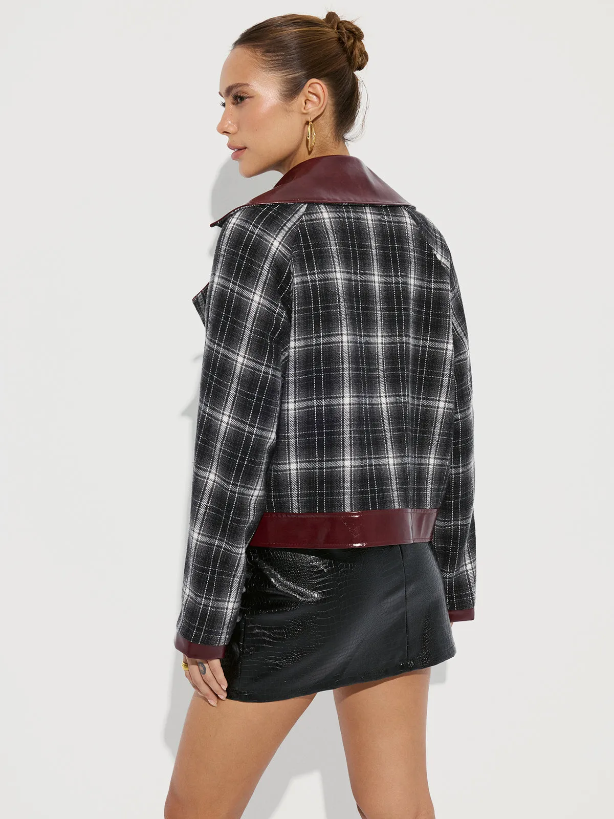 Faux Leather Panel Plaid Short Coat sold by COMMENSE product image thumbnail 5