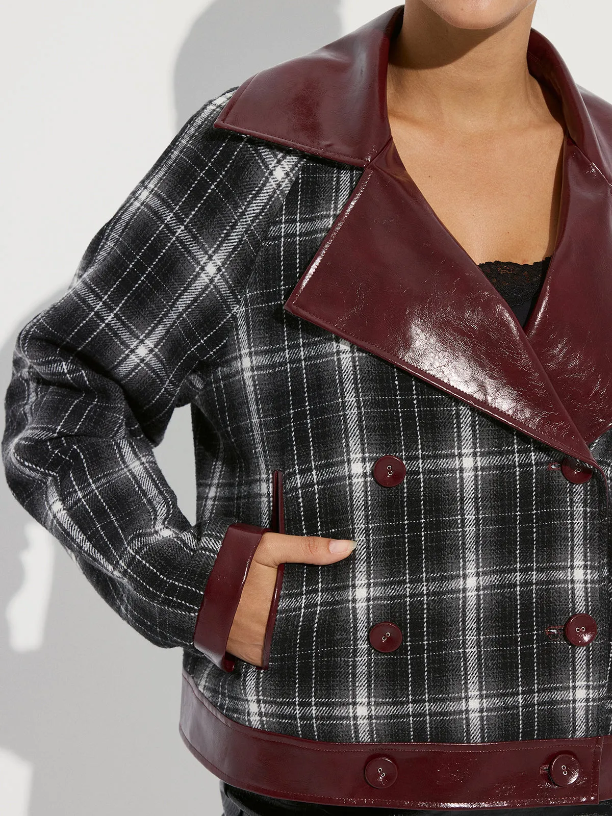 Faux Leather Panel Plaid Short Coat sold by COMMENSE product image thumbnail 3