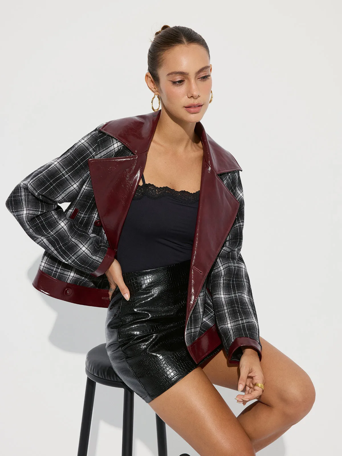 Faux Leather Panel Plaid Short Coat sold by COMMENSE