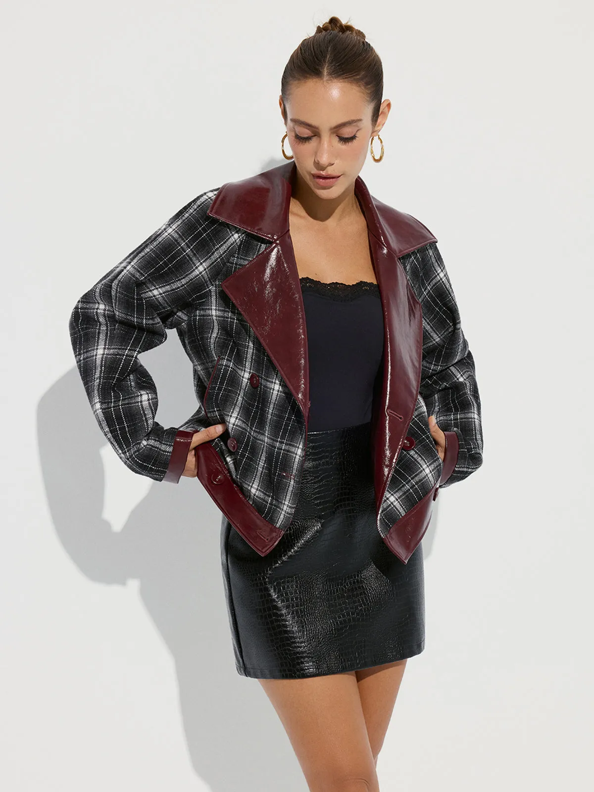 Faux Leather Panel Plaid Short Coat sold by COMMENSE product image thumbnail 4