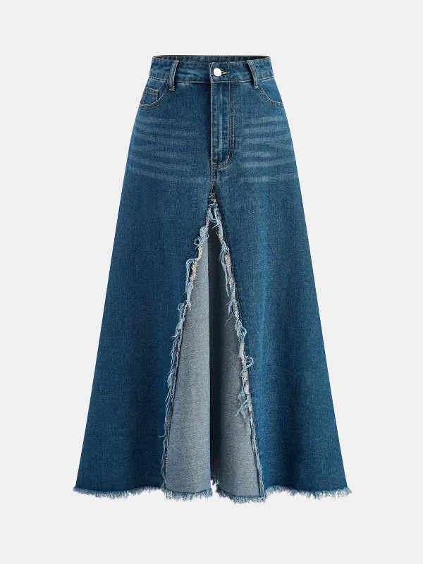 Frayed Hem Denim Midi Skirt sold by COMMENSE