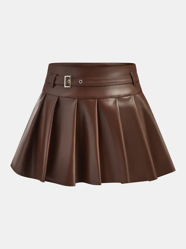 Belt-Decor Faux Leather Pleated Mini Skirt sold by COMMENSE