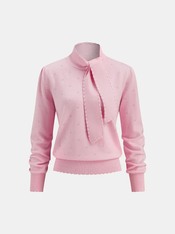 Tie Neck Eyelet Knit Sweater sold by COMMENSE