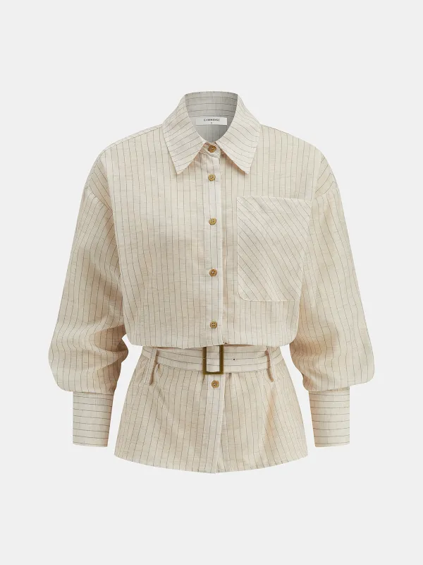 Balloon Sleeve Pinstripe Belted Shirt sold by COMMENSE