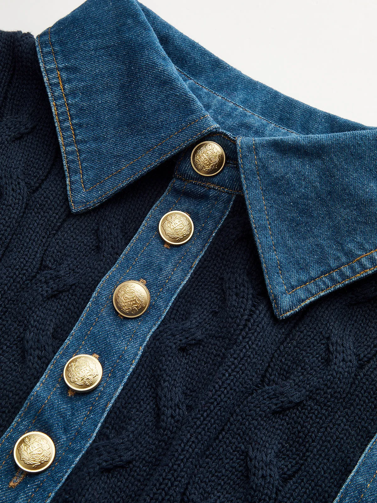 Denim Panel Polo Collar Cable Knit Sweater sold by COMMENSE product image thumbnail 4