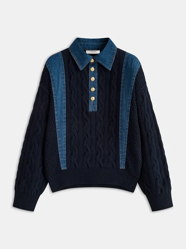 Denim Panel Polo Collar Cable Knit Sweater sold by COMMENSE