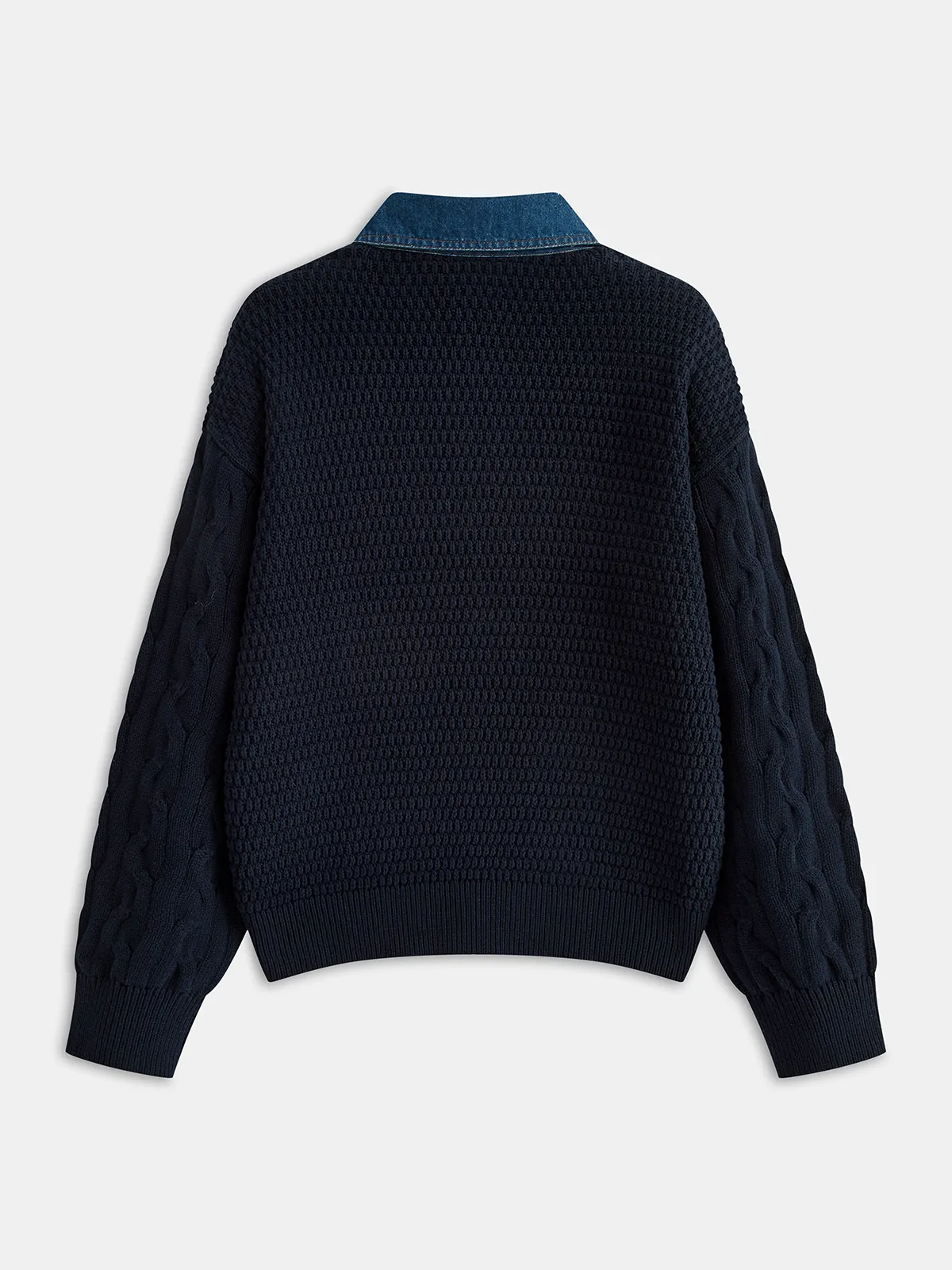 Denim Panel Polo Collar Cable Knit Sweater sold by COMMENSE product image thumbnail 2