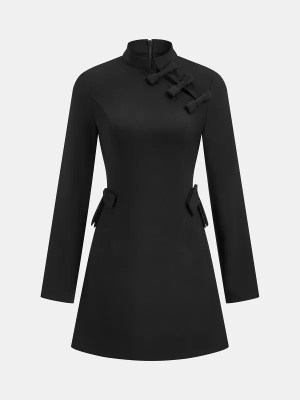 Mandarin Collar Bow Detail Mini Dress sold by COMMENSE