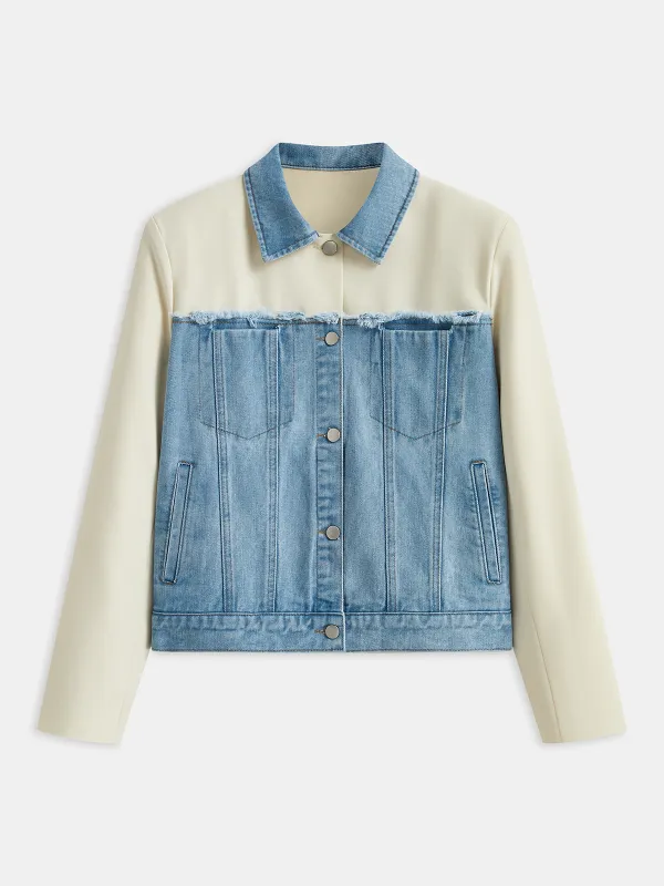 Distressed Detail Denim Paneled Jacket sold by COMMENSE