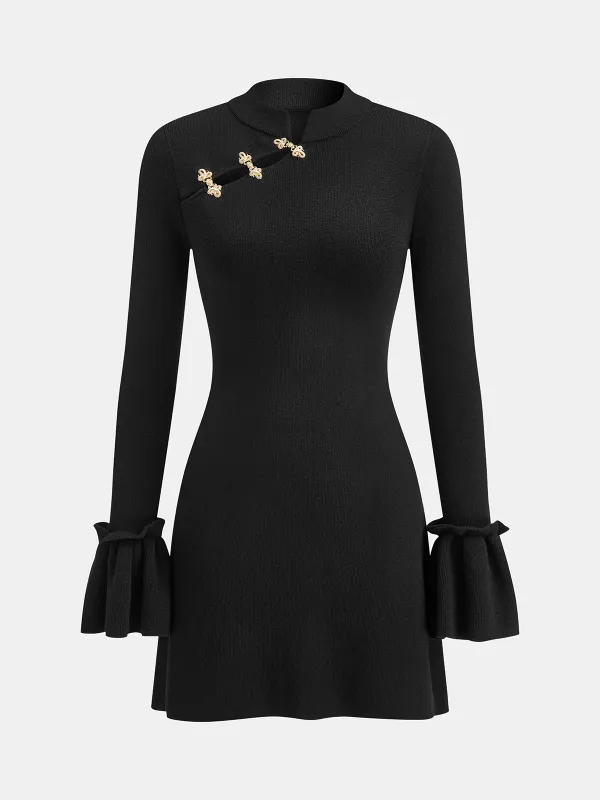 Mandarin Collar Bell Sleeve Metal Detail Knit Dress sold by COMMENSE