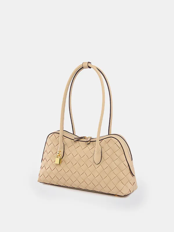 Golden Lock Detail Woven Shoulder Bag sold by COMMENSE