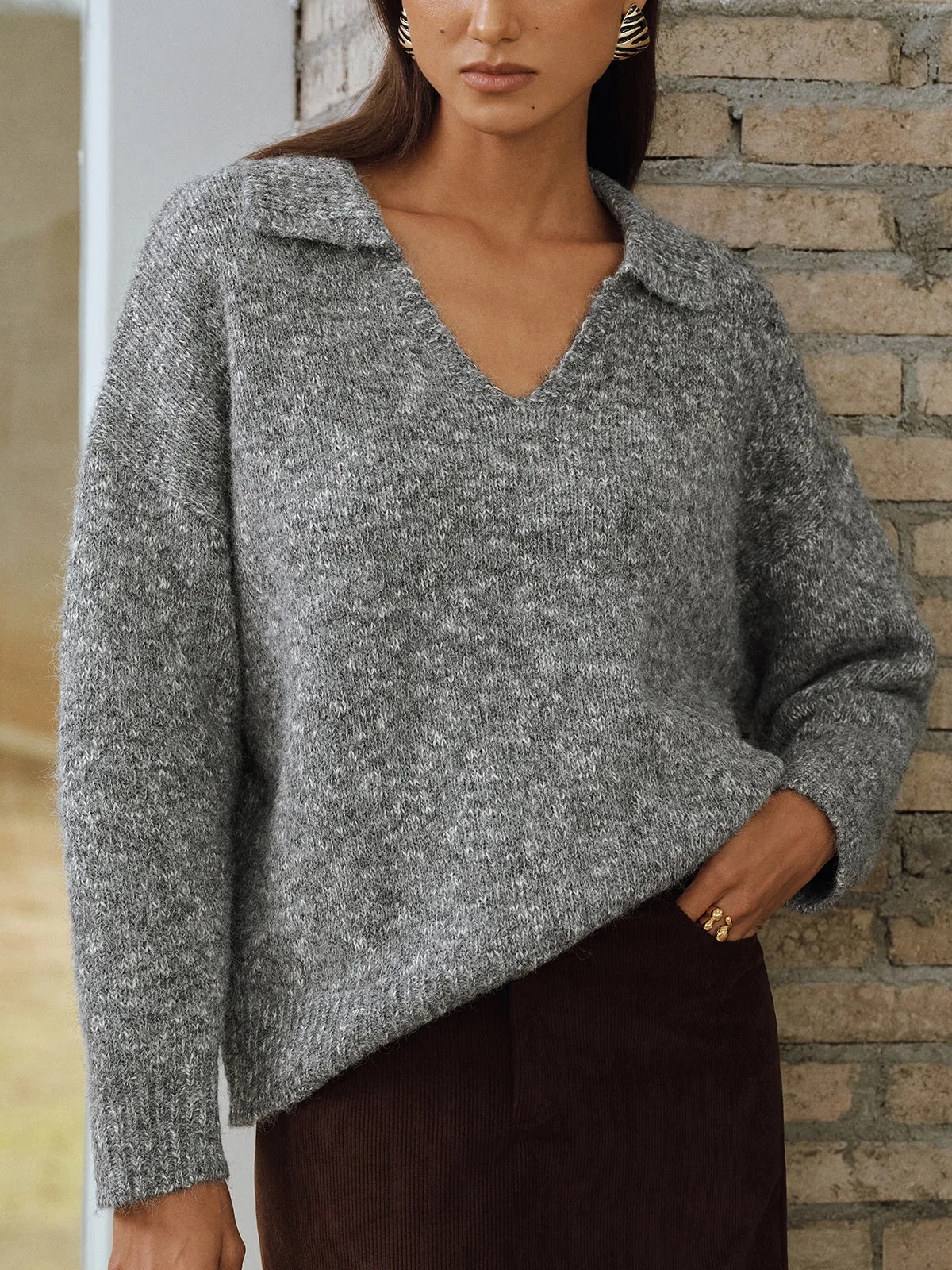 Wool Blend Collared V-Neck Sweater sold by COMMENSE product image thumbnail 4