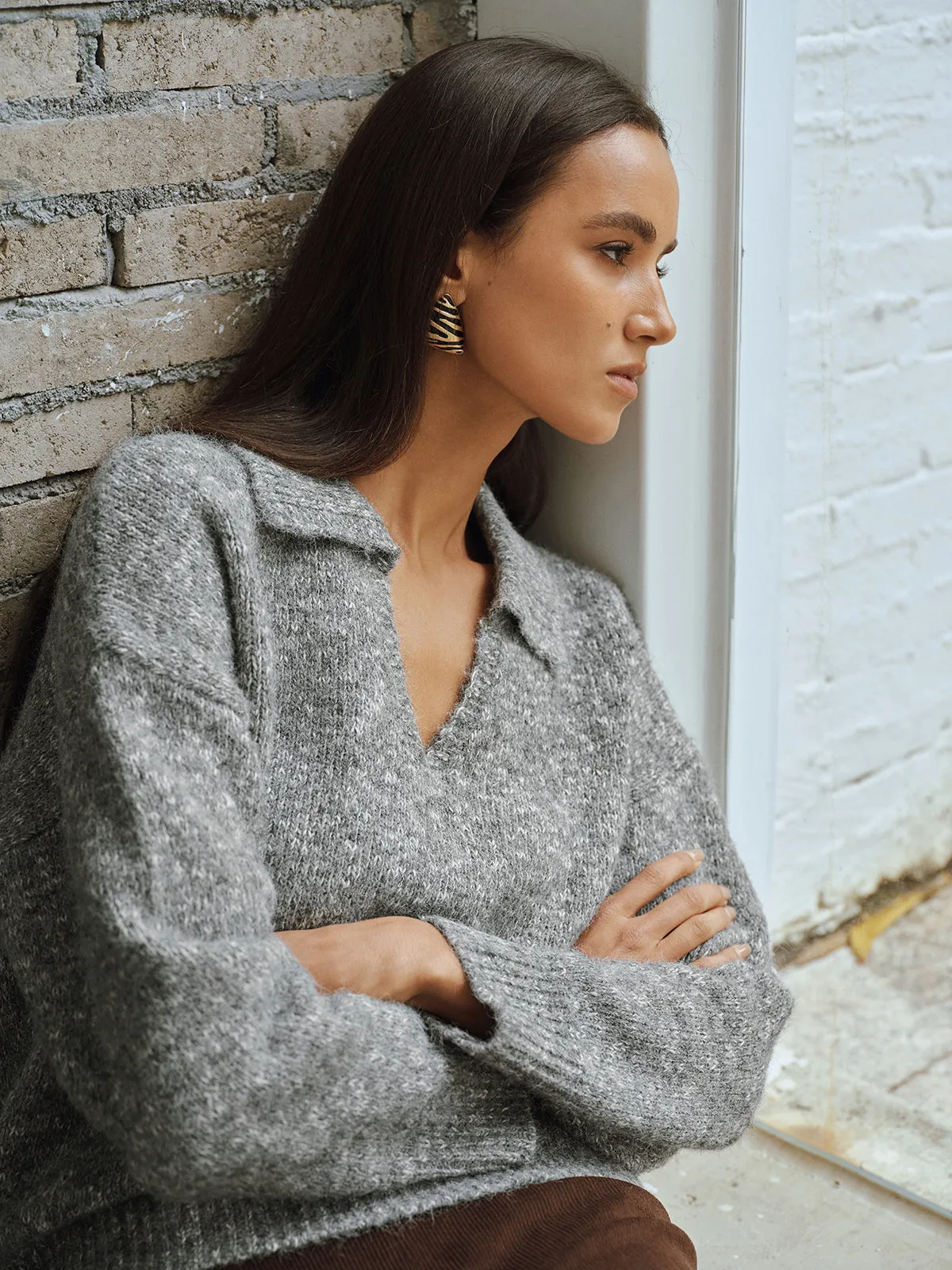 Wool Blend Collared V-Neck Sweater sold by COMMENSE product image thumbnail 3