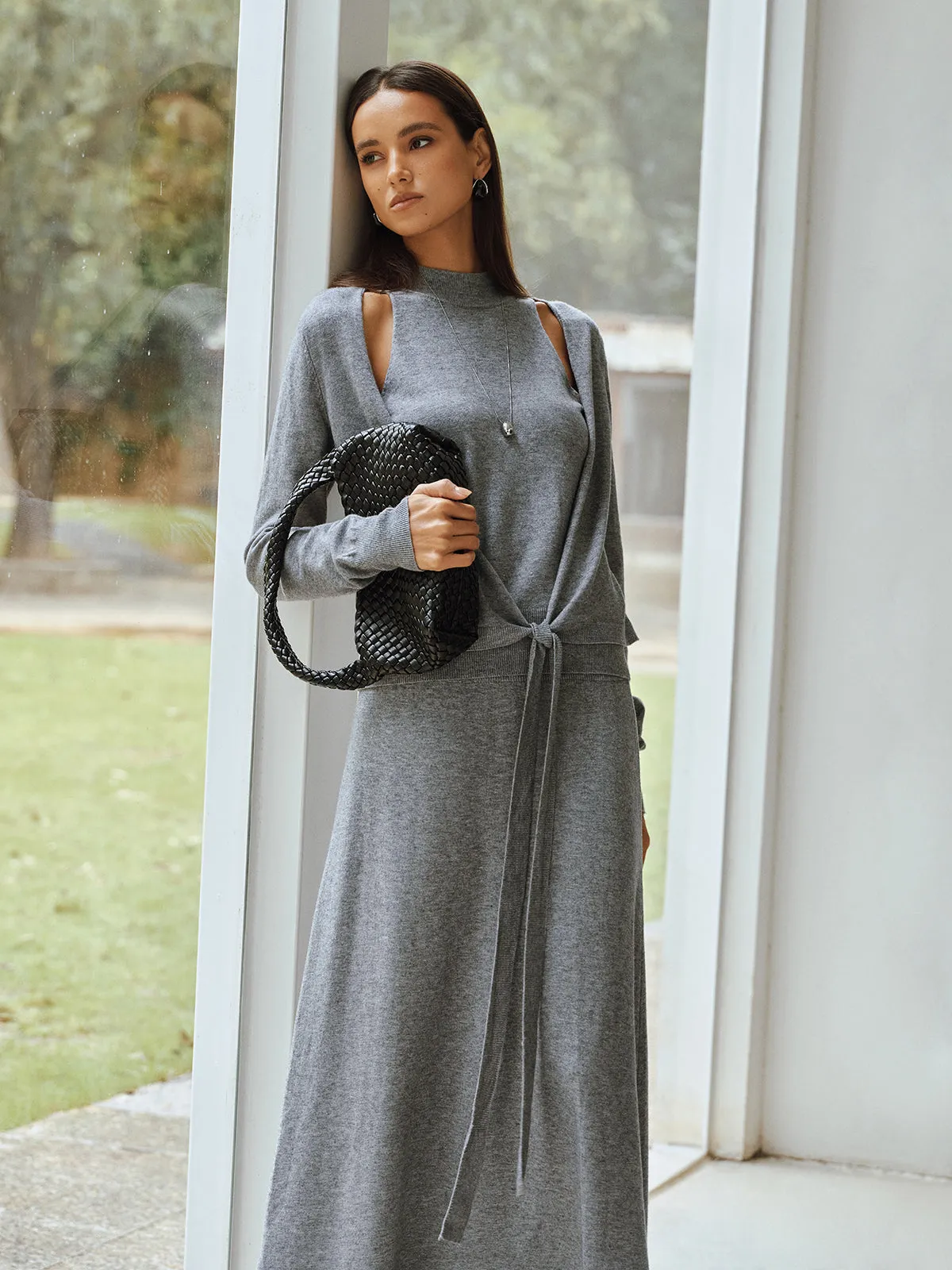 Knit Cut-Out Tie Waist Top and Skirt Set sold by COMMENSE