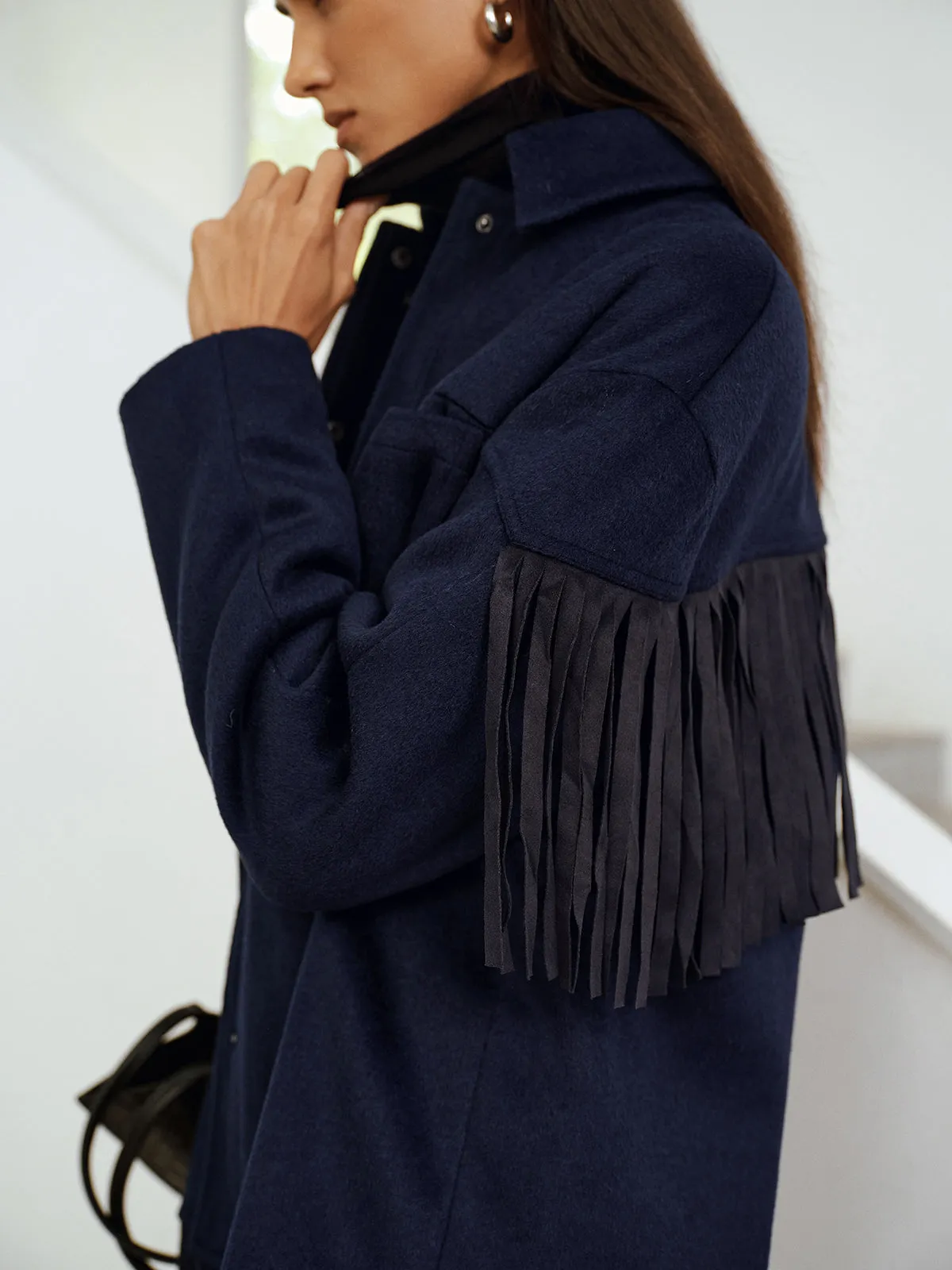 Fringe Detail Wool-Blend Collared Coat sold by COMMENSE product image thumbnail 4