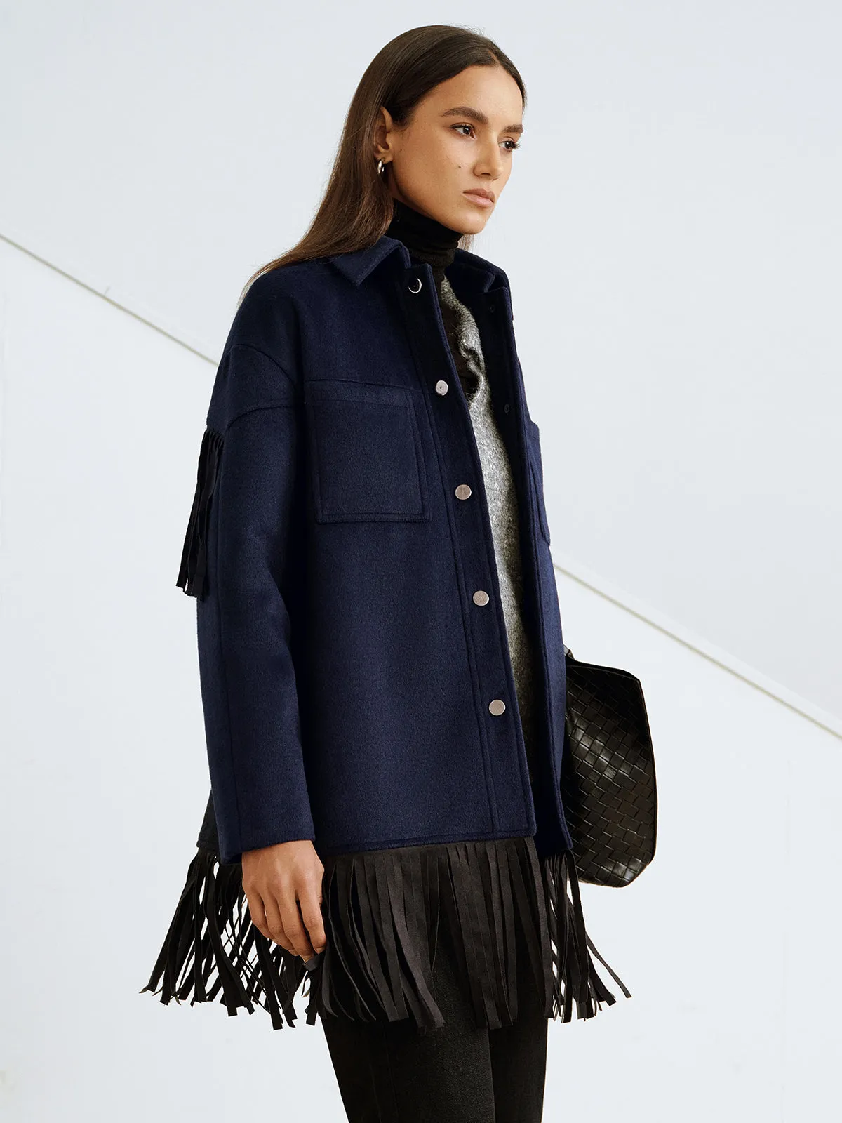 Fringe Detail Wool-Blend Collared Coat sold by COMMENSE