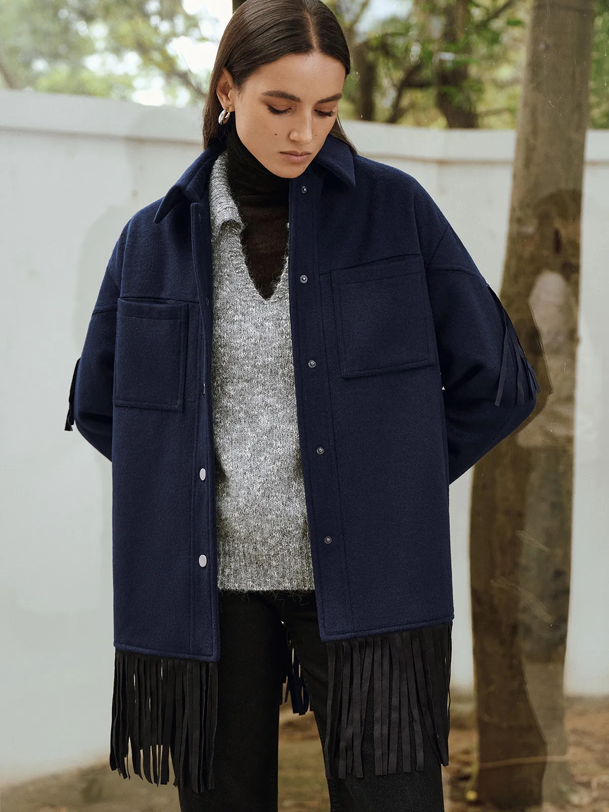 Fringe Detail Wool-Blend Collared Coat sold by COMMENSE product image thumbnail 5