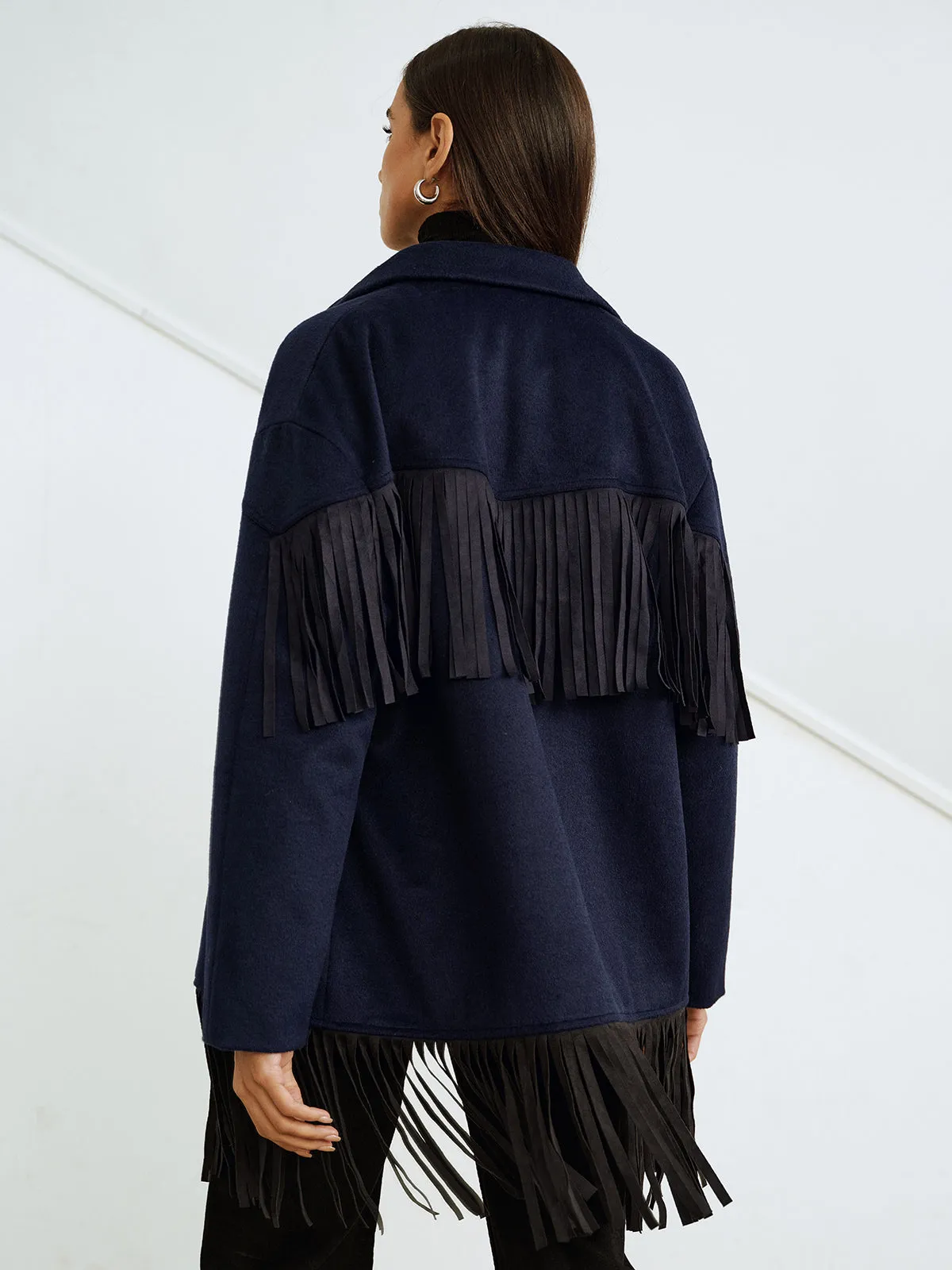 Fringe Detail Wool-Blend Collared Coat sold by COMMENSE product image thumbnail 2