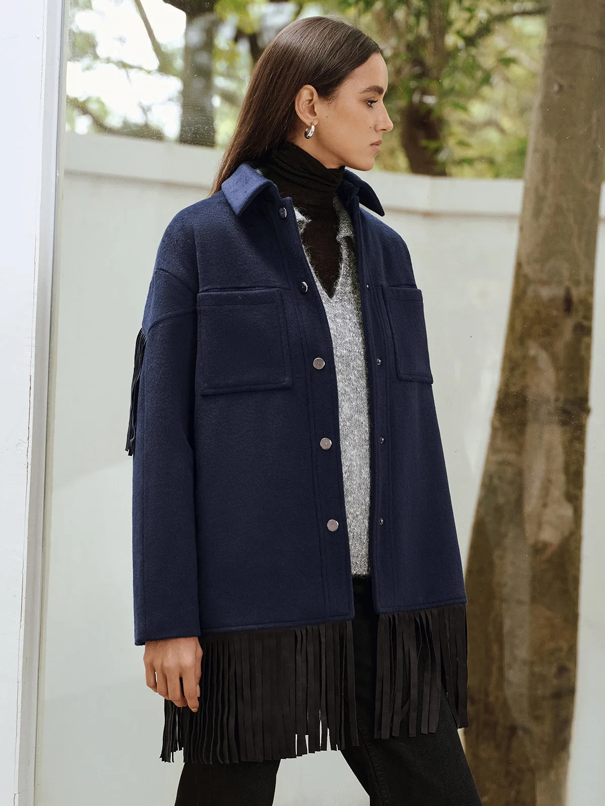 Fringe Detail Wool-Blend Collared Coat sold by COMMENSE product image thumbnail 3