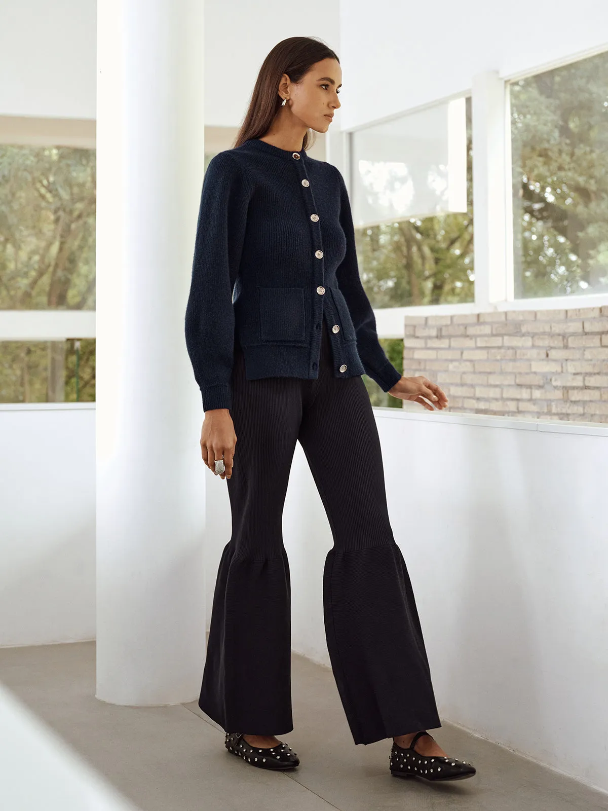 Button-Front Crew Neck Ribbed Knit Cardigan sold by COMMENSE product image thumbnail 4