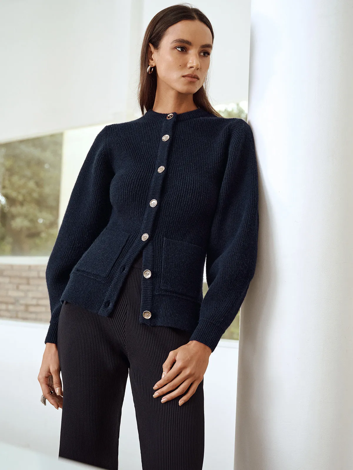 Button-Front Crew Neck Ribbed Knit Cardigan sold by COMMENSE