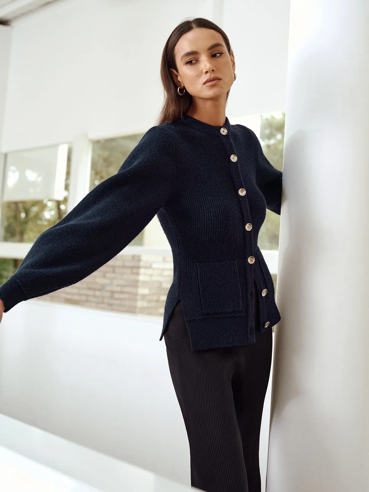 Button-Front Crew Neck Ribbed Knit Cardigan sold by COMMENSE product image thumbnail 5