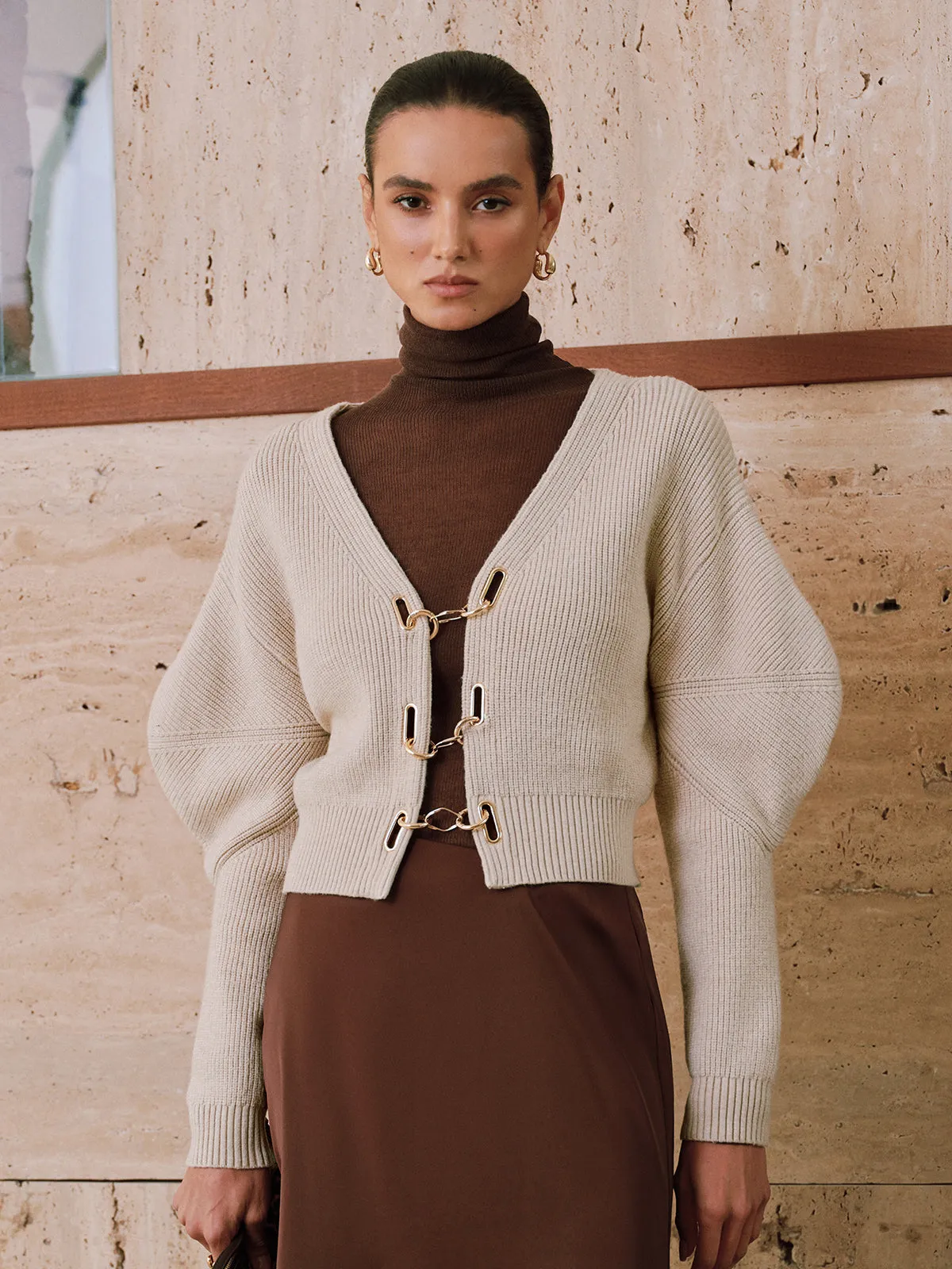 Puff Sleeve Chain Closure Knit Cardigan sold by COMMENSE product image thumbnail 2