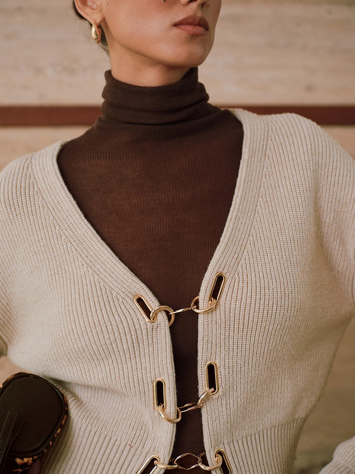 Puff Sleeve Chain Closure Knit Cardigan sold by COMMENSE product image thumbnail 3