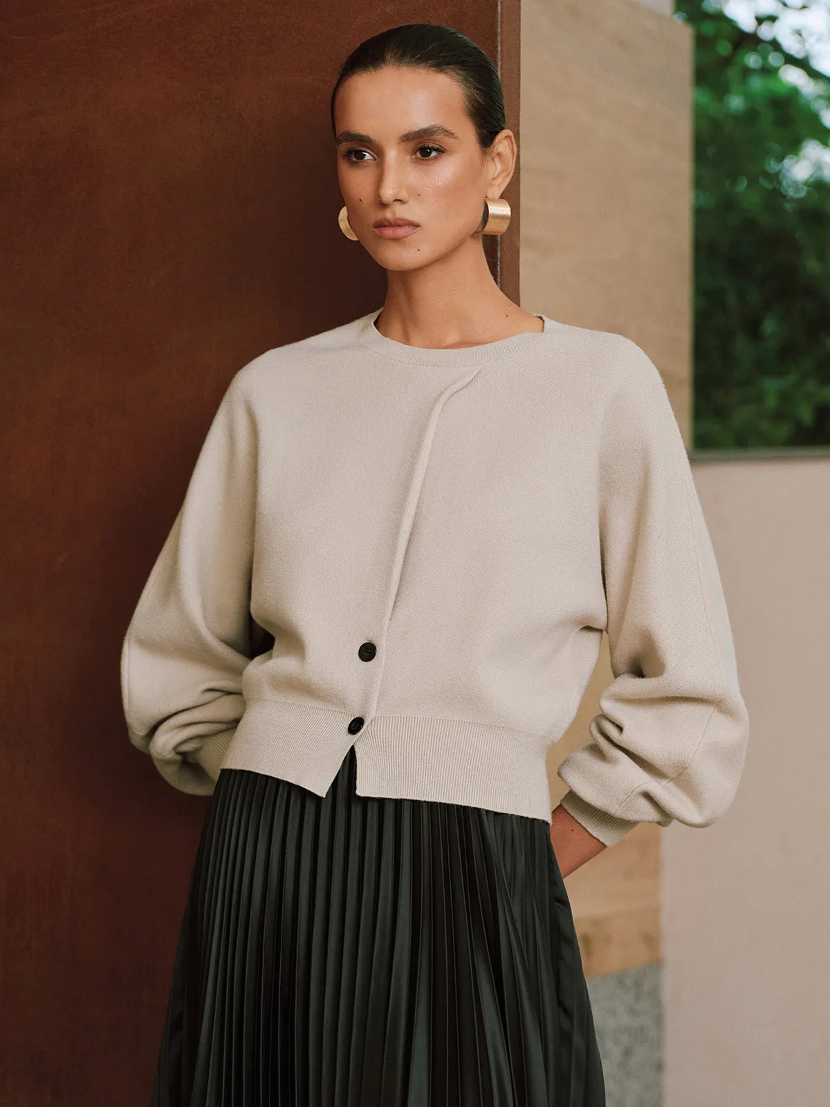 Button Detail Long Sleeve Sweater sold by COMMENSE