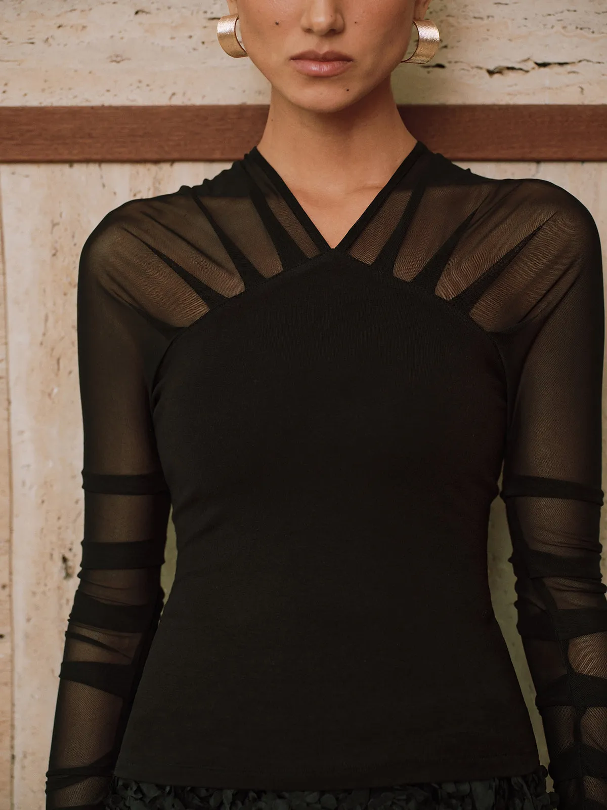 Sheer Mesh Paneled V-Neck Blouse sold by COMMENSE product image thumbnail 2