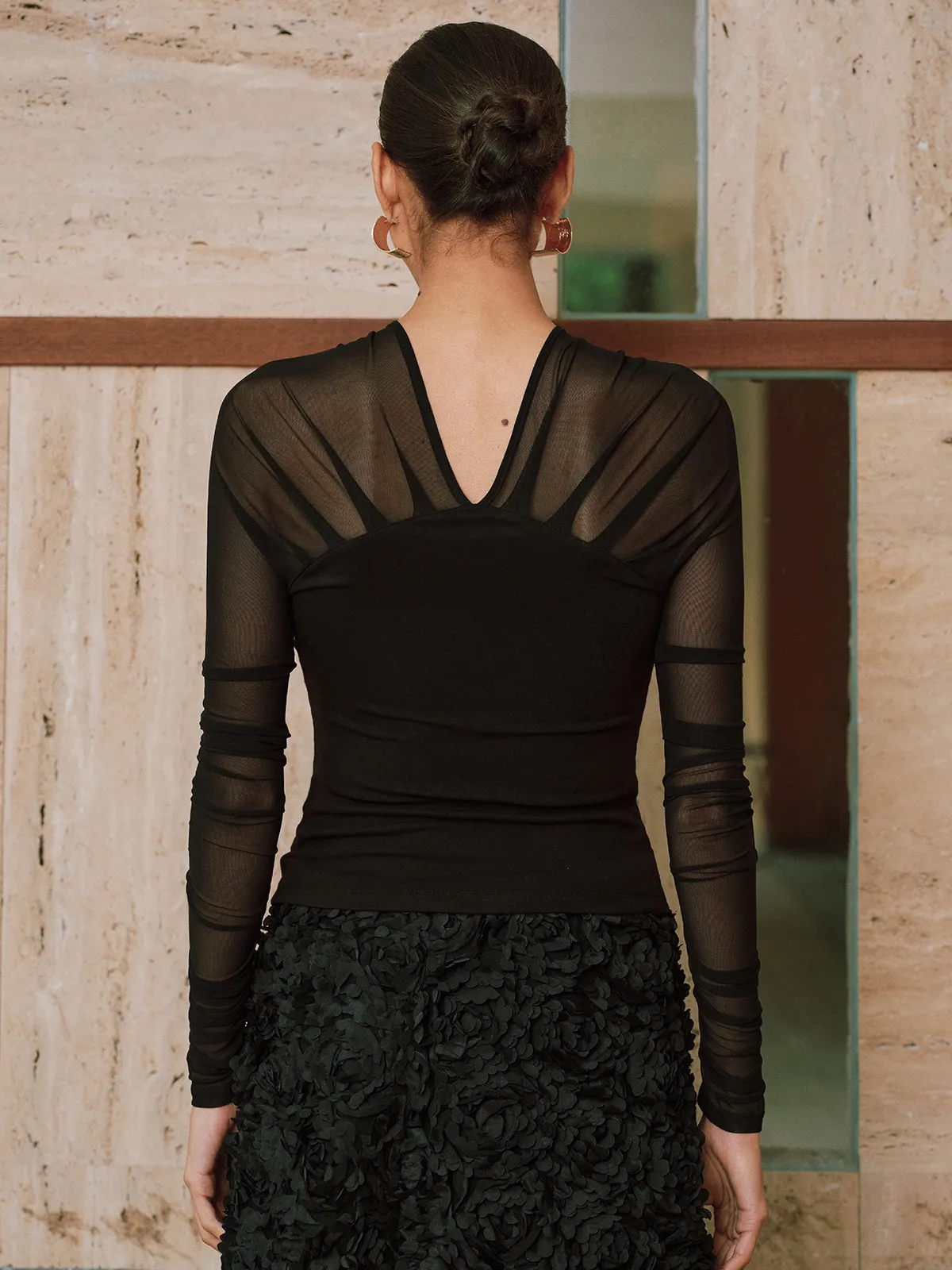 Sheer Mesh Paneled V-Neck Blouse sold by COMMENSE product image thumbnail 3