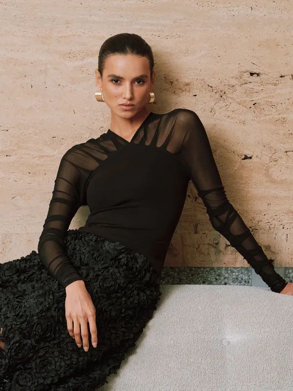 Sheer Mesh Paneled V-Neck Blouse sold by COMMENSE