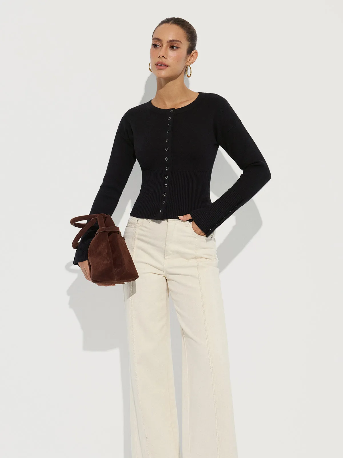 Cinched Waist Crew Neck Knit Cardigan sold by COMMENSE product image thumbnail 3