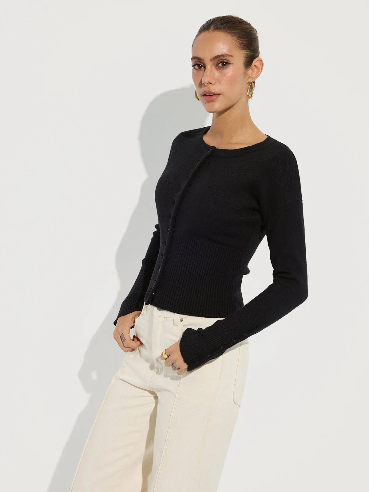 Cinched Waist Crew Neck Knit Cardigan sold by COMMENSE product image thumbnail 4