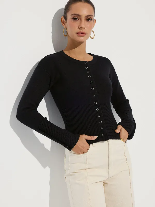 Cinched Waist Crew Neck Knit Cardigan sold by COMMENSE