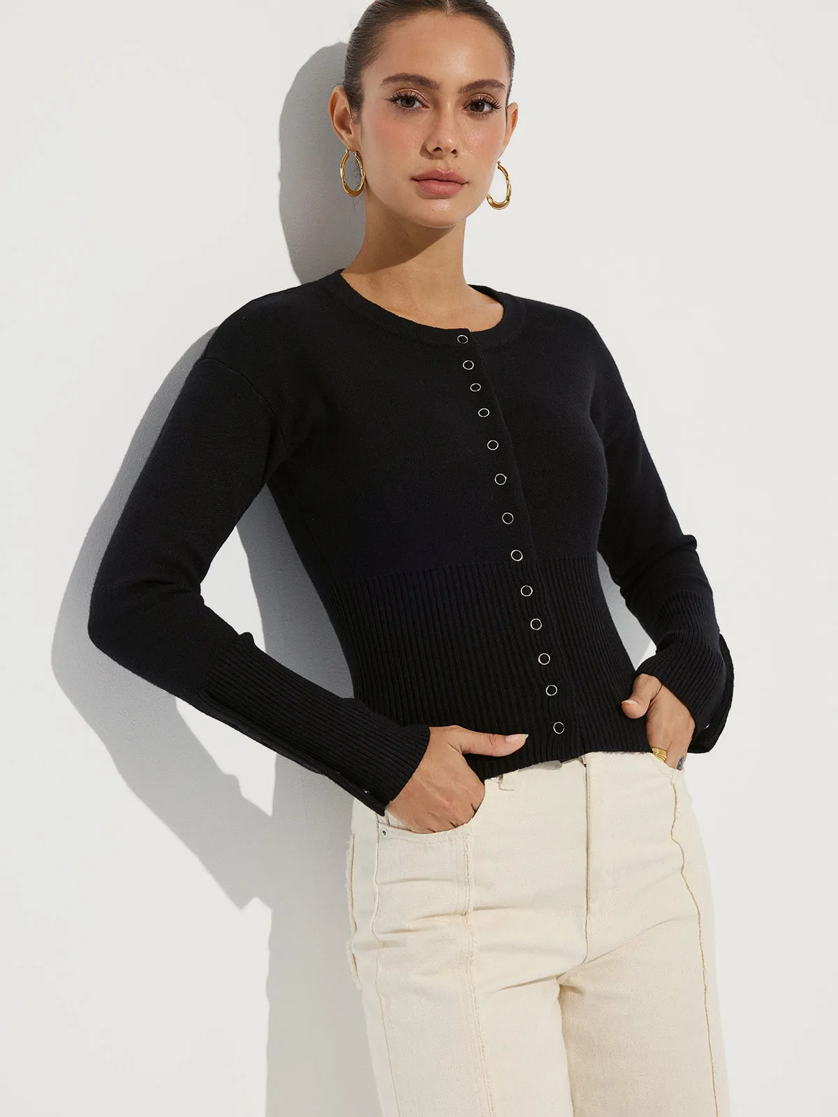 Cinched Waist Crew Neck Knit Cardigan sold by COMMENSE