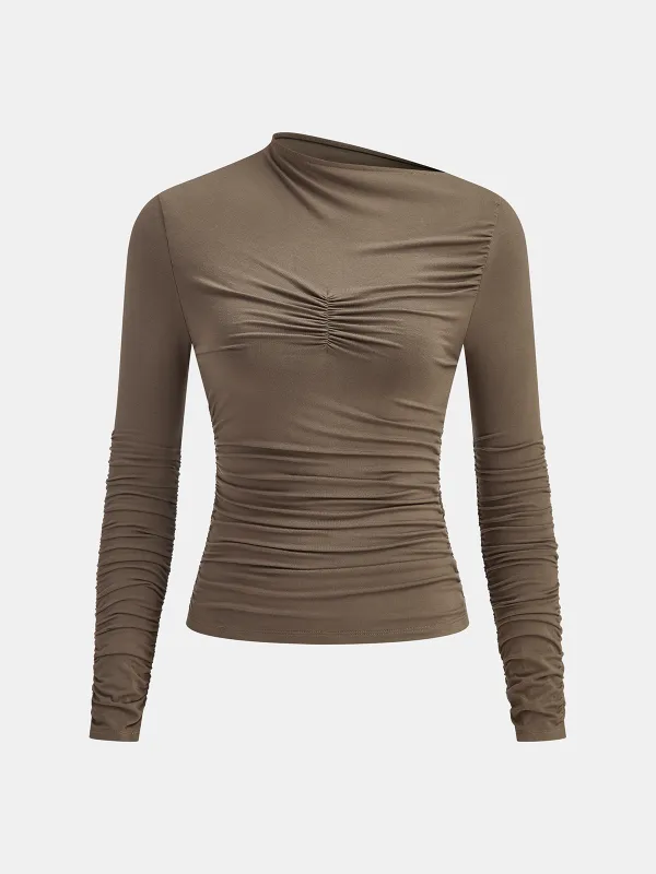 Asymmetric Neck Ruched Long Sleeve Top sold by COMMENSE