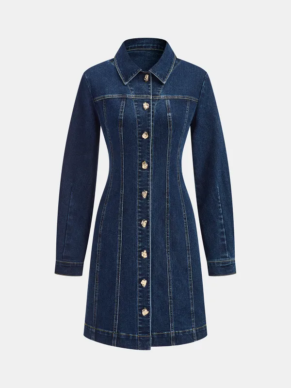 Metal Button-Front Denim Shirt Dress sold by COMMENSE