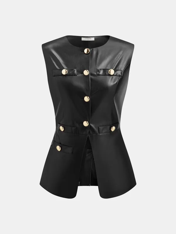 Metal Button Faux Leather Sleeveless Vest sold by COMMENSE
