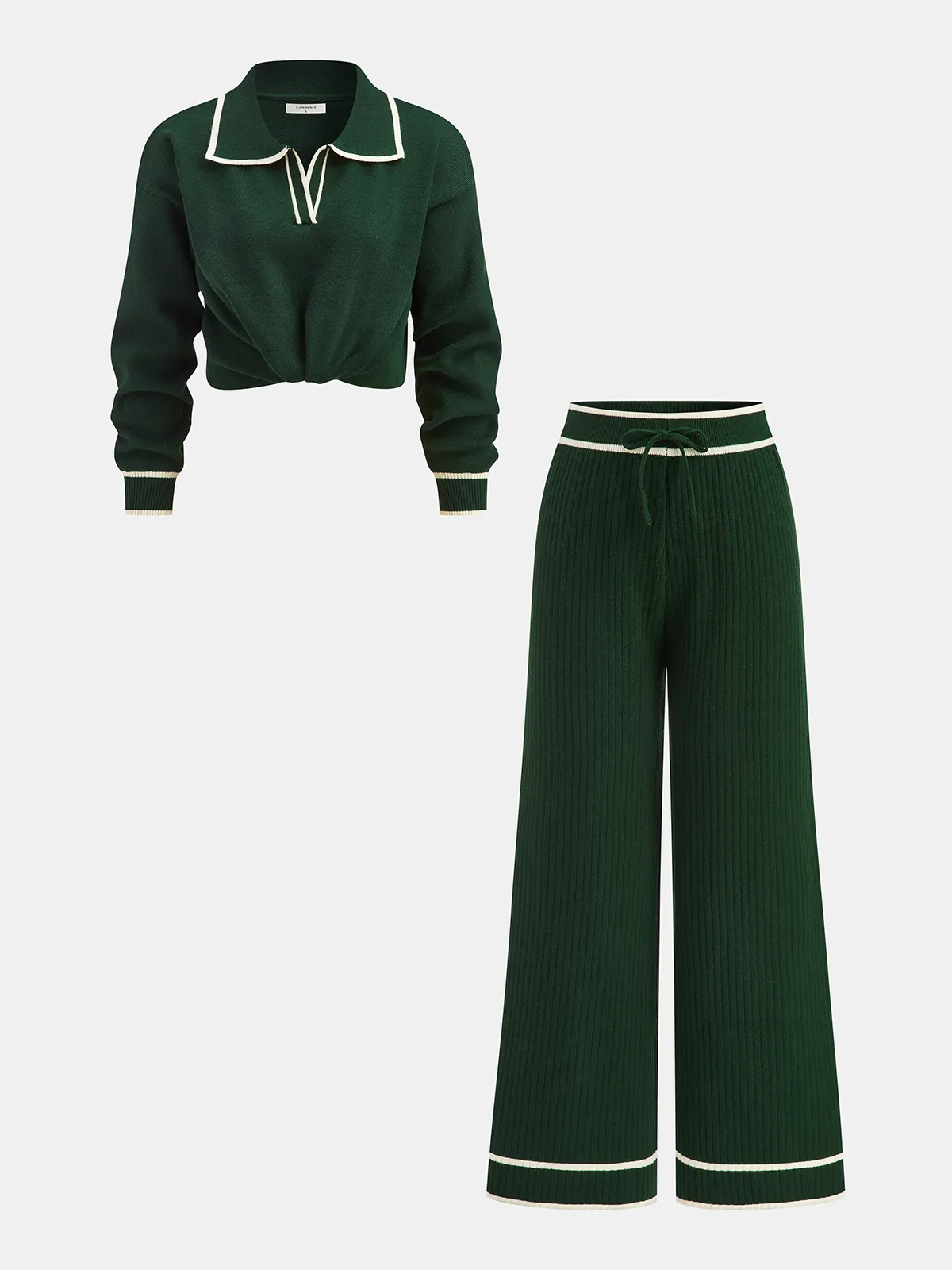 Knitted Contrast Trim Polo Top and Pants Set sold by COMMENSE