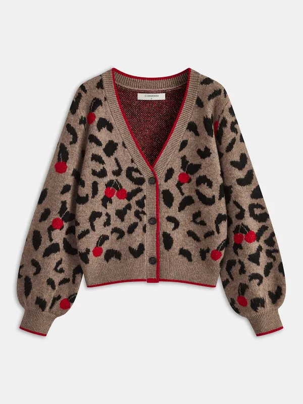 Cherry Leopard Print Knit Cardigan made by COMMENSE