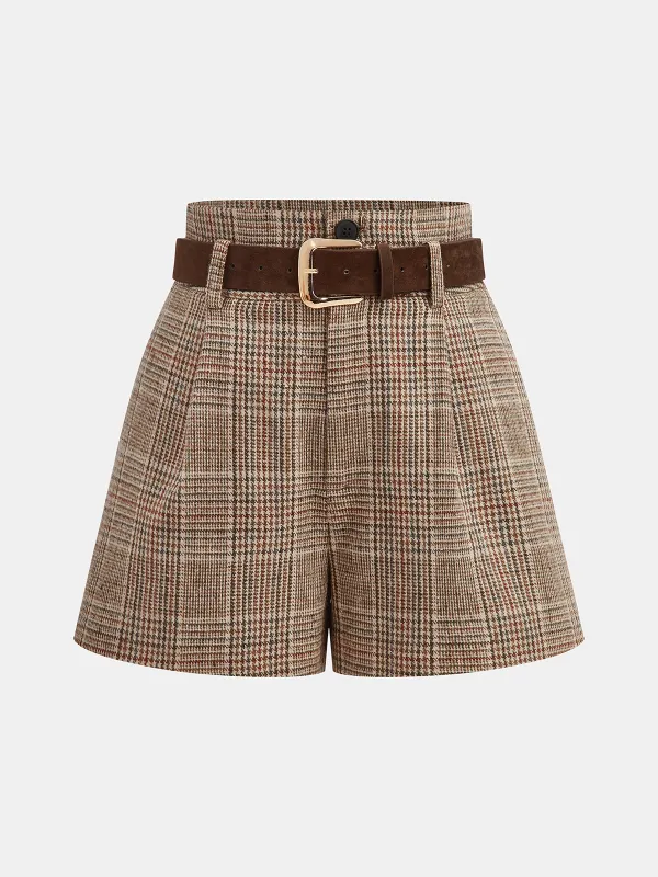 Belted High-Waist Houndstooth Tweed Shorts sold by COMMENSE