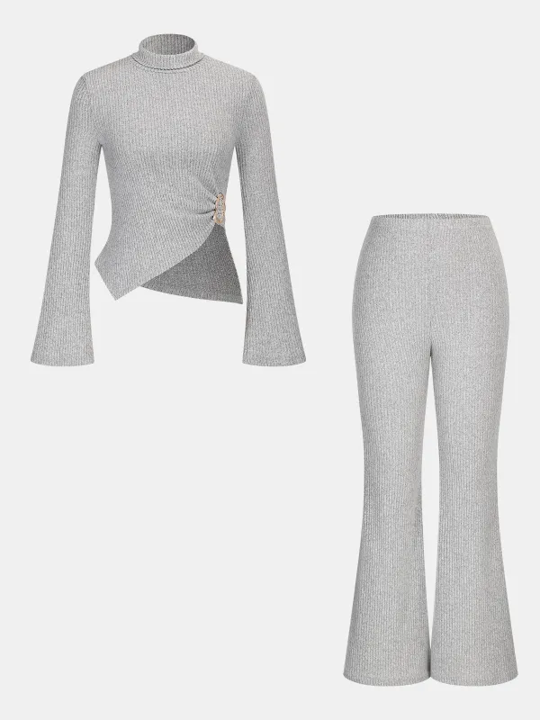 Ribbed Knit Top and Flared Pants Set sold by COMMENSE